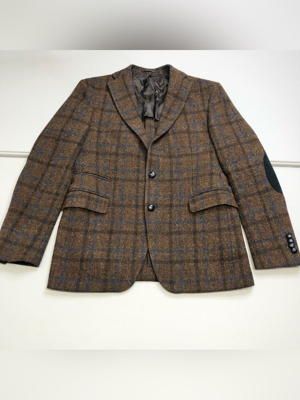 Harris Tweed Men’s Tagliatore Elbow Patch Wool Blazer Plaid Brown 40R
